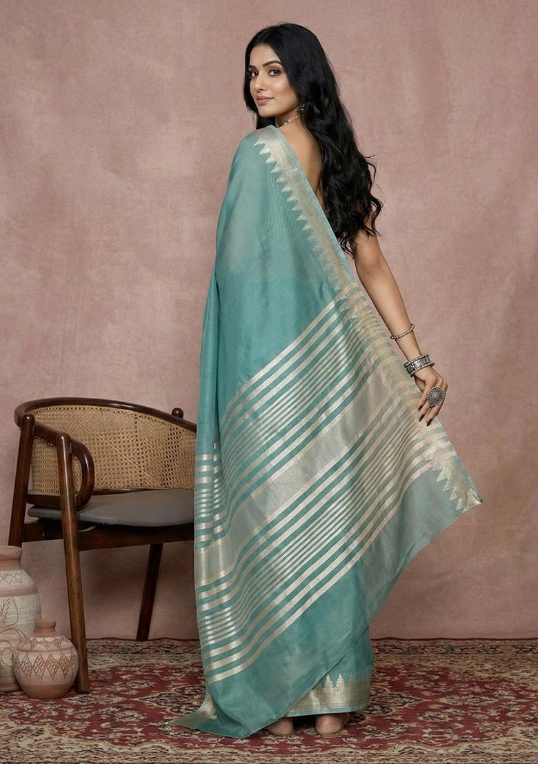 Teal Zari Work Cotton Saree Set - Indya