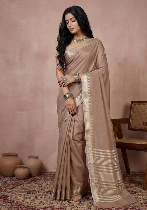 Beige Zari Work Cotton Saree Set
