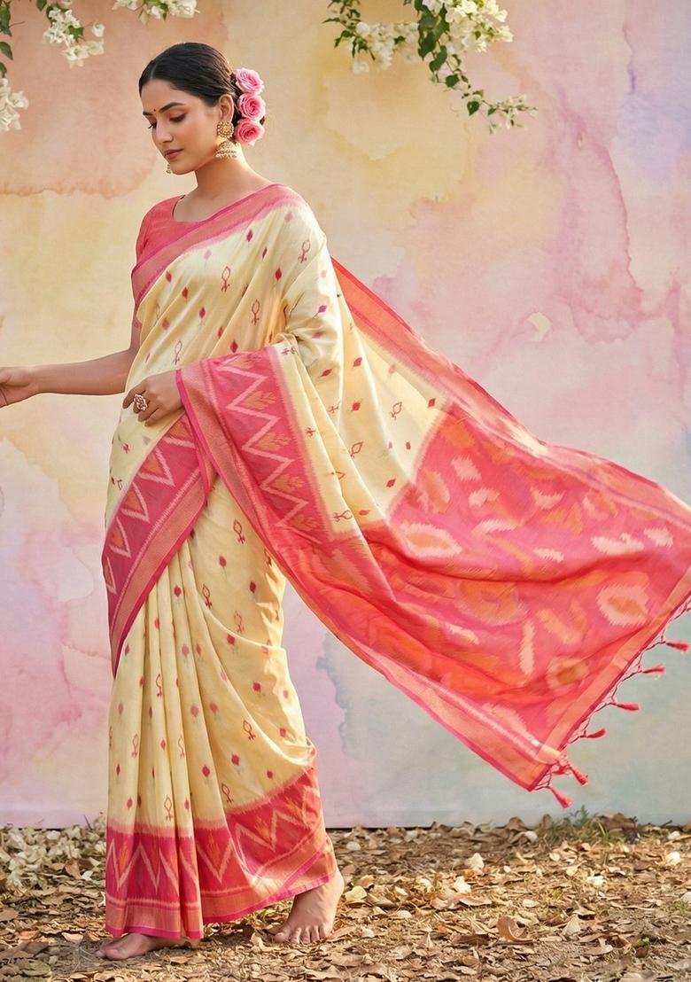 Cream Zari Work Silk Saree Set - Indya