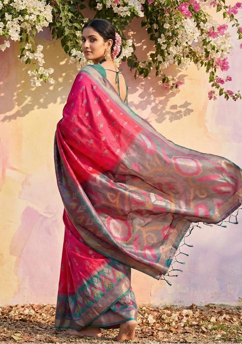 Pink Zari Work Silk Saree Set - Indya