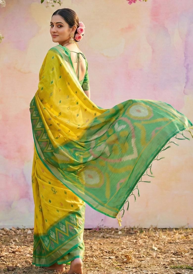 Lemon Zari Work Silk Saree Set - Indya