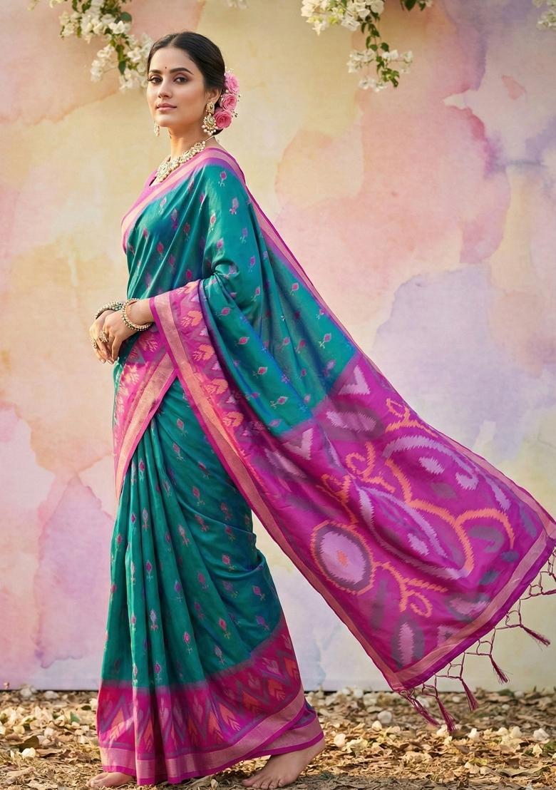 Sky Blue Zari Work Silk Saree Set - Indya