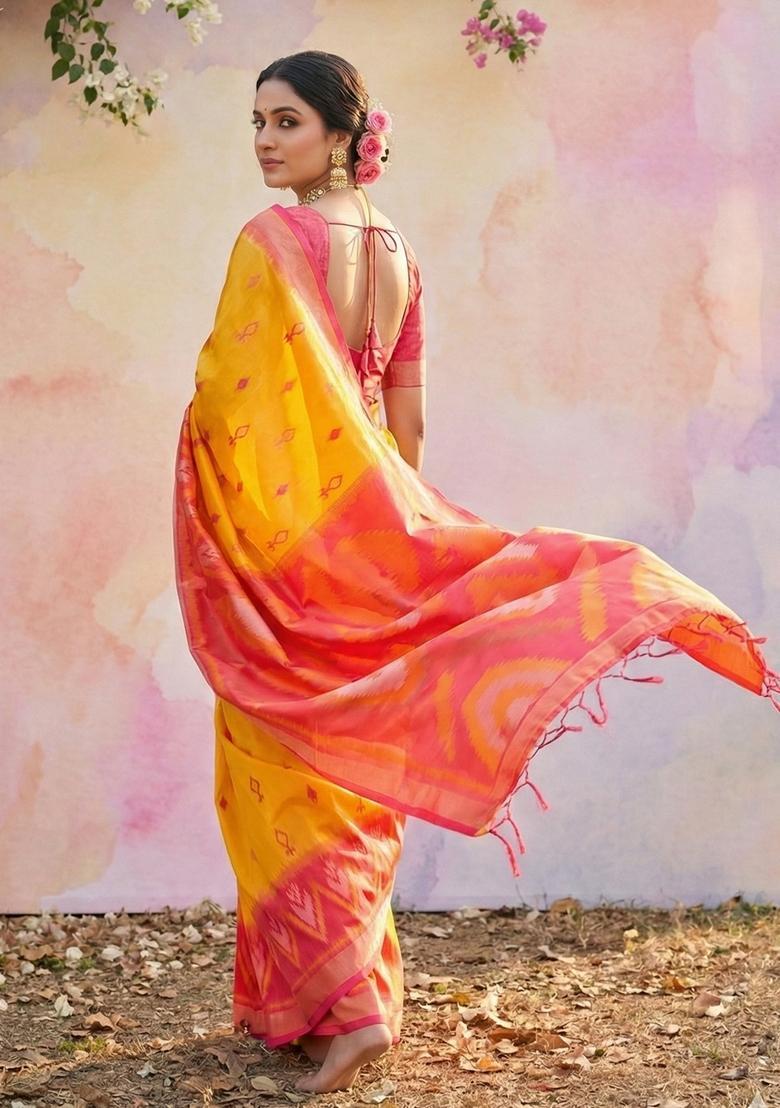 Yellow Zari Work Silk Saree Set - Indya