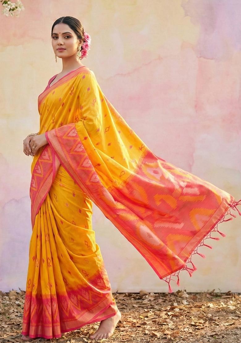 Yellow Zari Work Silk Saree Set - Indya