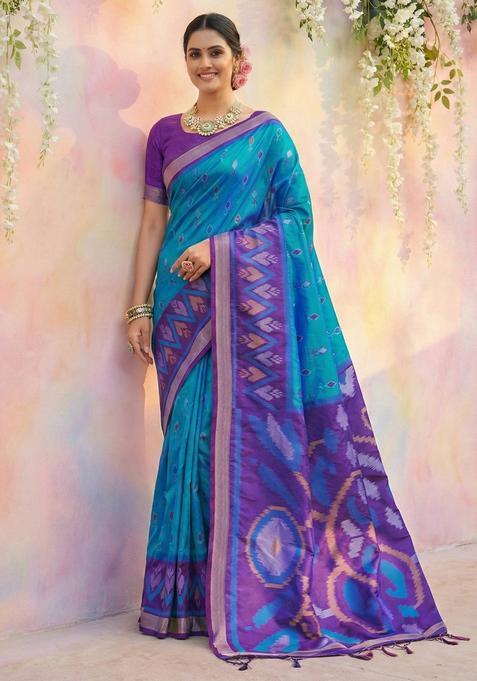 Blue Zari Work Silk Saree Set
