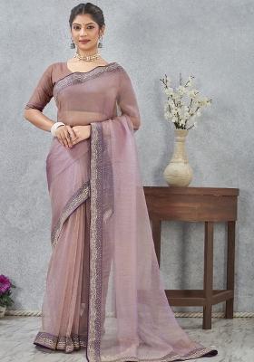 Lavender Embroidery Silk Saree Set