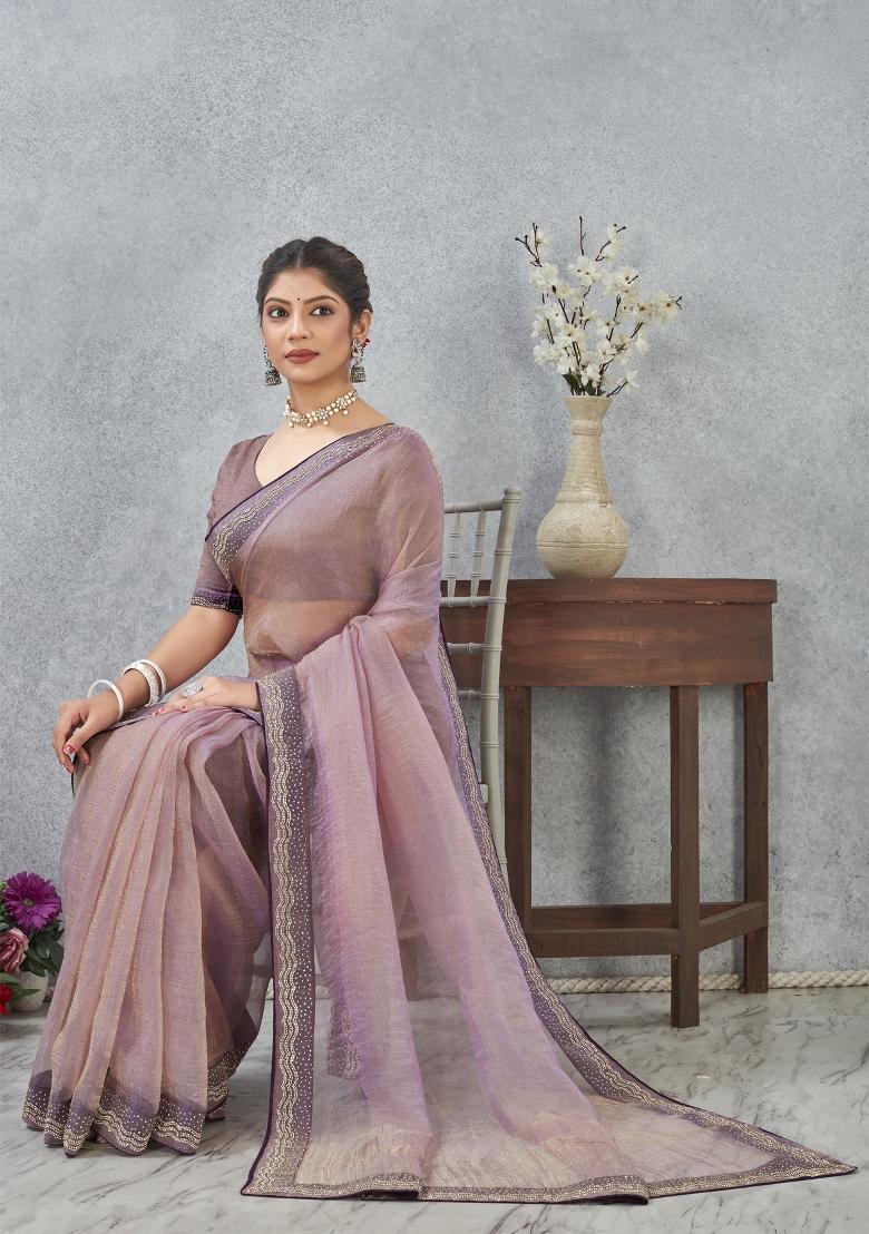 Lavender Embroidery Silk Saree Set - Indya
