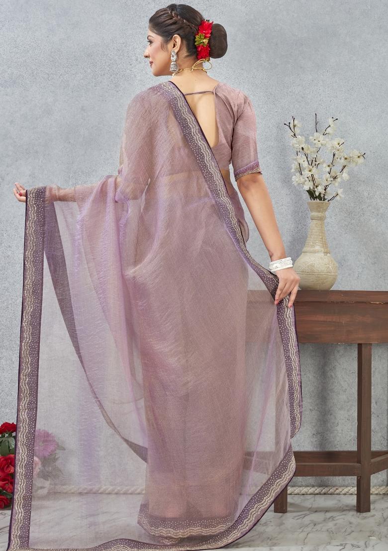 Lavender Embroidery Silk Saree Set - Indya