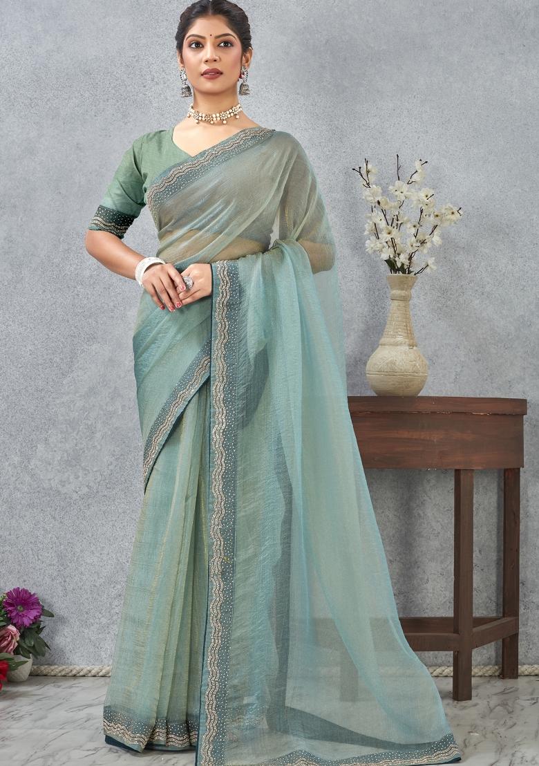Sea Green Embroidery Silk Saree Set - Indya