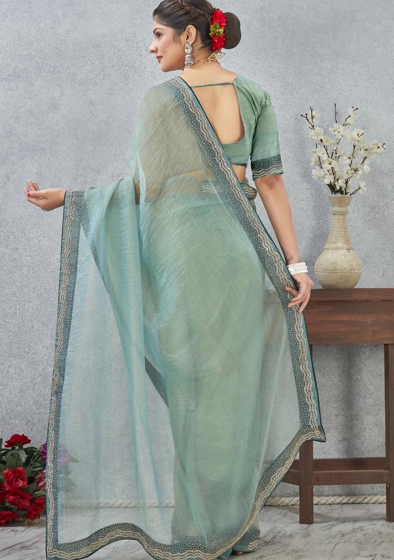 Sea Green Embroidery Silk Saree Set - Indya