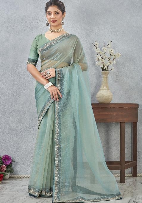 Sea Green Embroidery Silk Saree Set — view on Indya