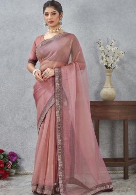 Pink Embroidery Silk Saree Set