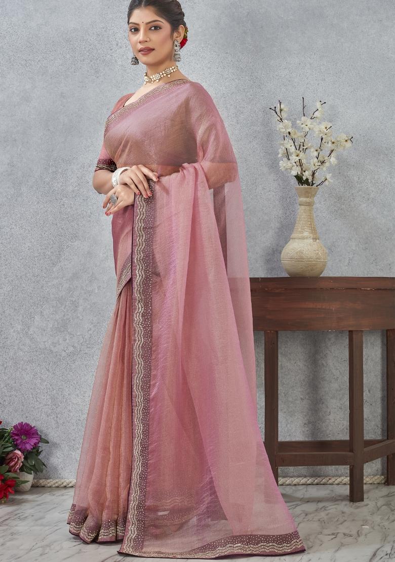 Pink Embroidery Silk Saree Set - Indya
