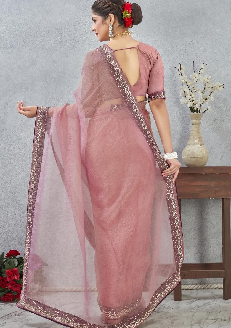 Pink Embroidery Silk Saree Set - Indya
