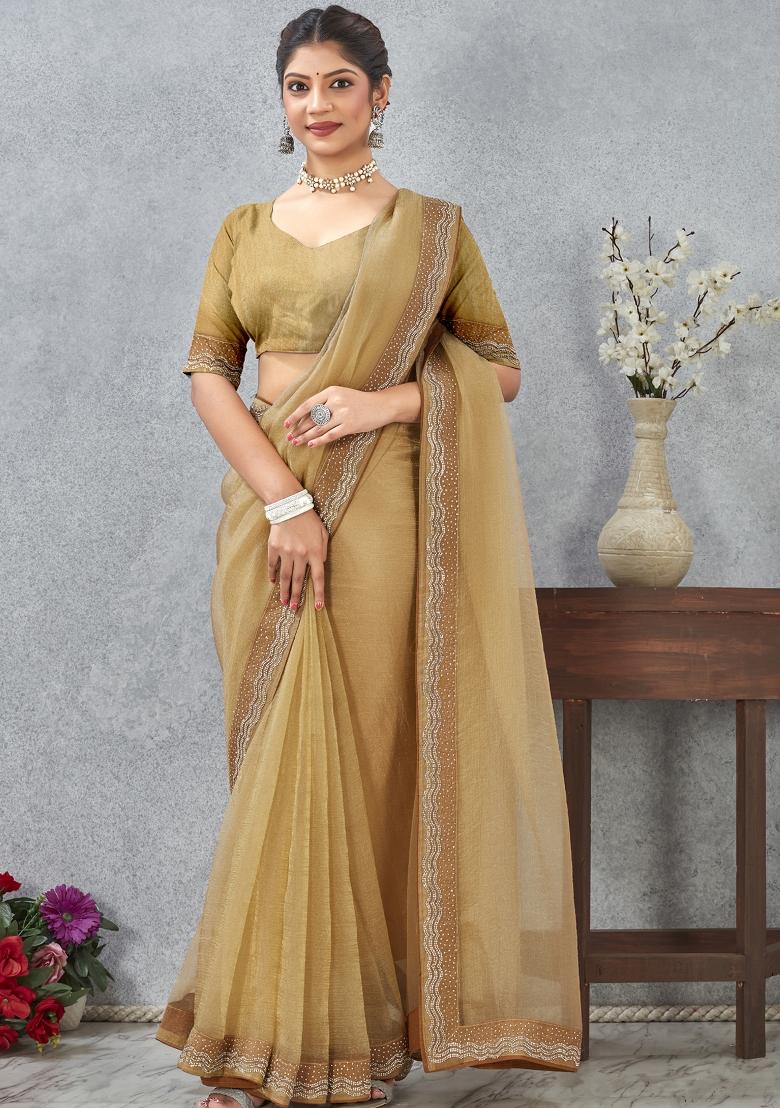 Mustard Embroidery Silk Saree Set - Indya