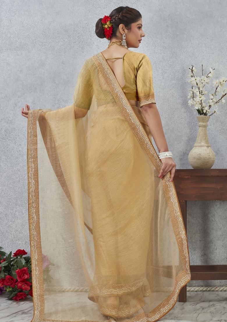 Mustard Embroidery Silk Saree Set - Indya