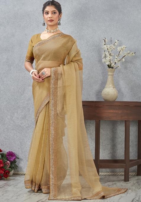 Mustard Embroidery Silk Blend Saree Set