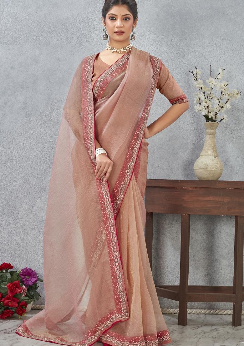 Peach Embroidery Silk Saree Set - Indya