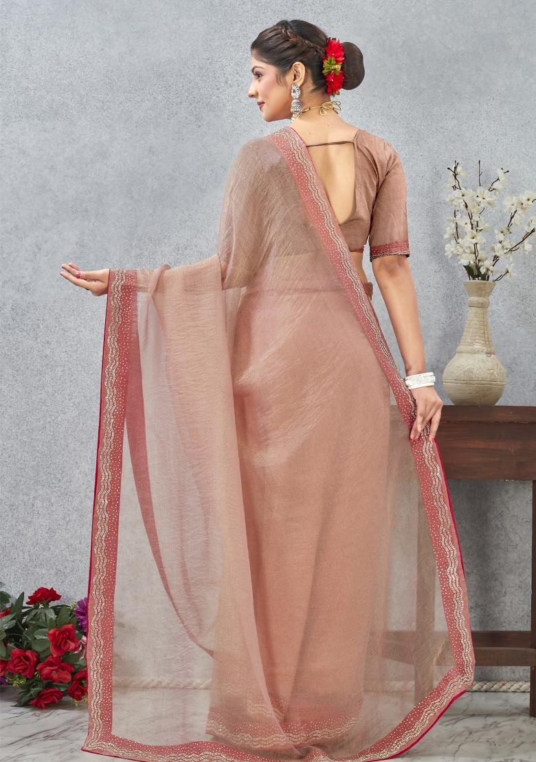 Peach Embroidery Silk Saree Set - Indya