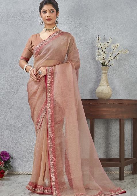 Peach Embroidery Silk Blend Saree Set