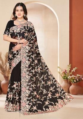 Black Embroidery Net Saree Set
