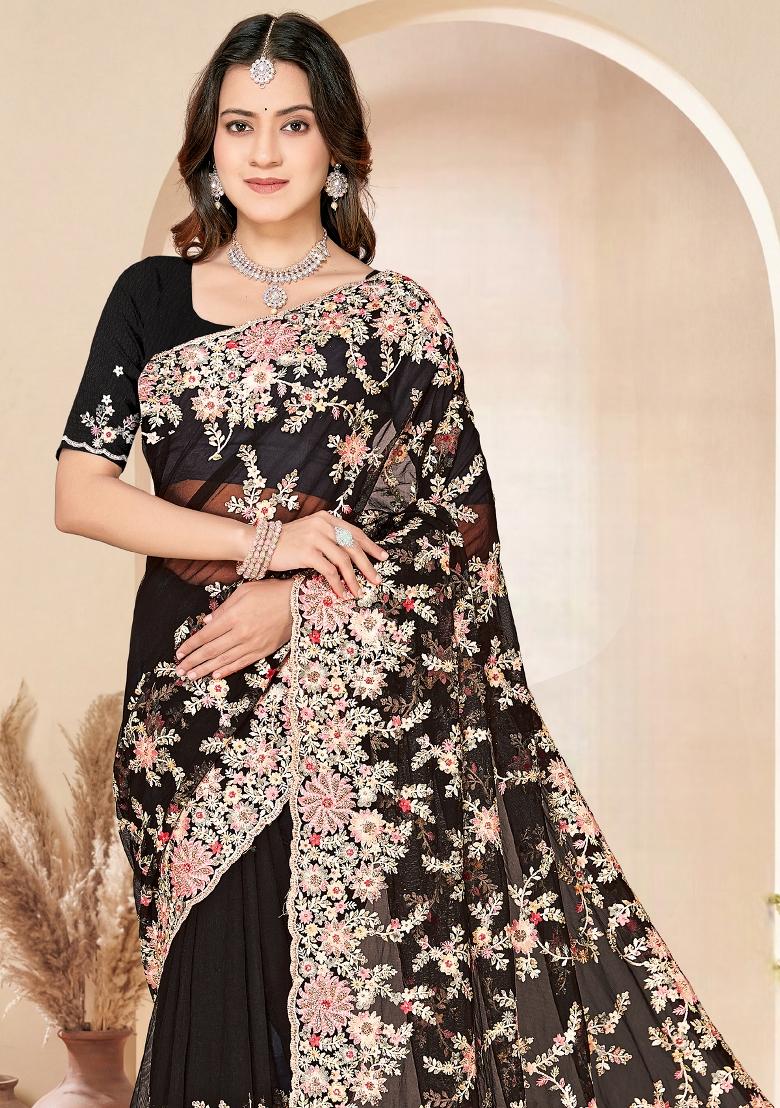 Black Embroidery Net Saree Set - Indya