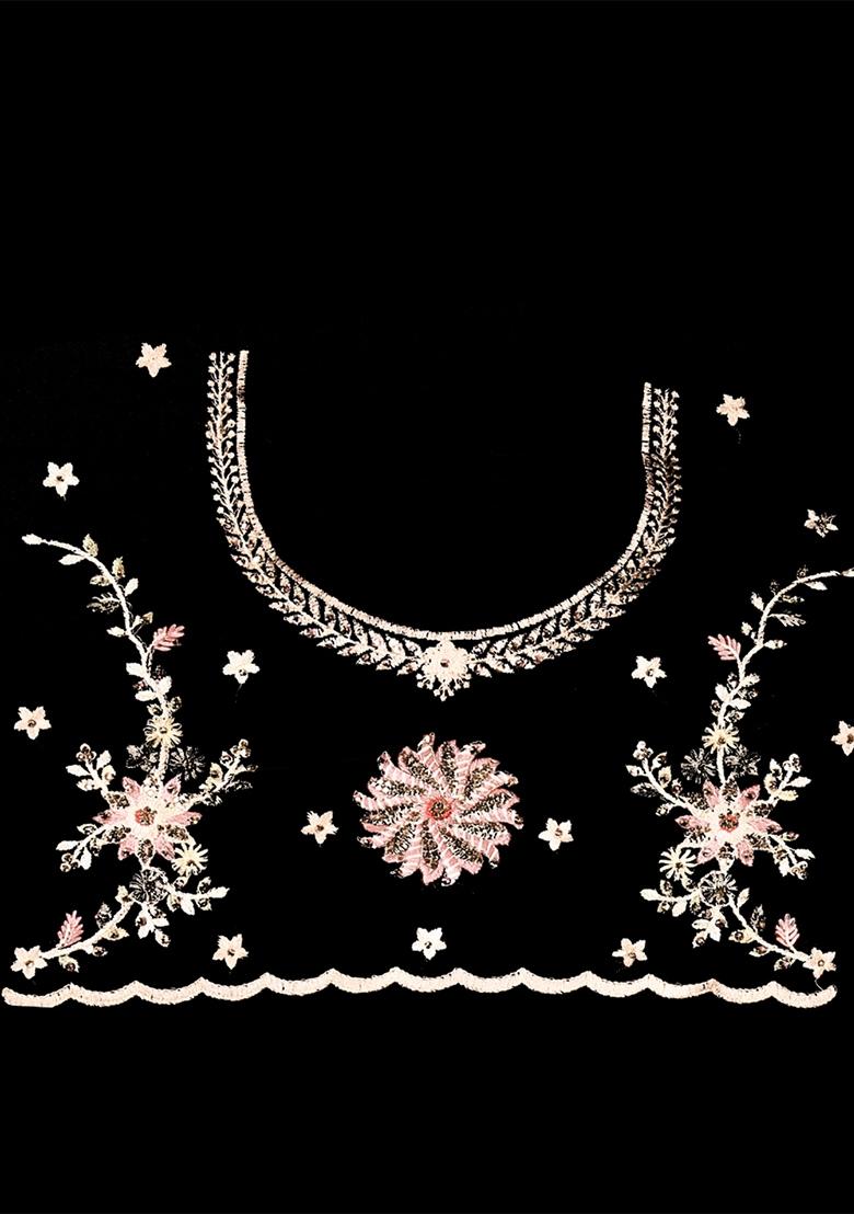 Black Embroidery Net Saree Set - Indya