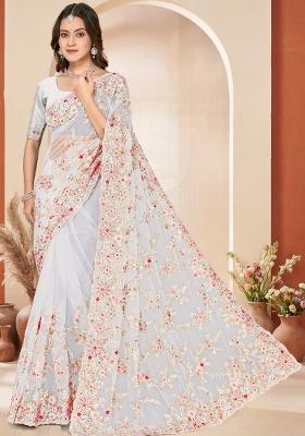 White Embroidery Net Saree Set