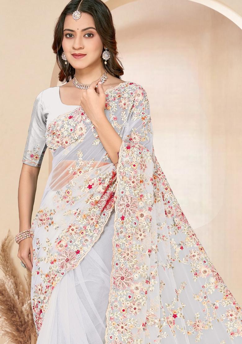 White Embroidery Net Saree Set - Indya