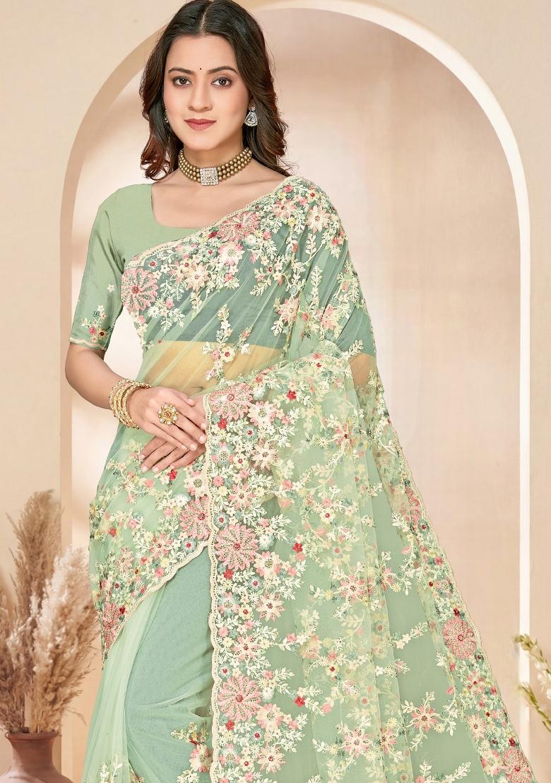 Green Embroidery Net Saree Set - Indya