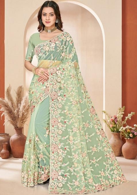 Green Embroidery Net Saree Set