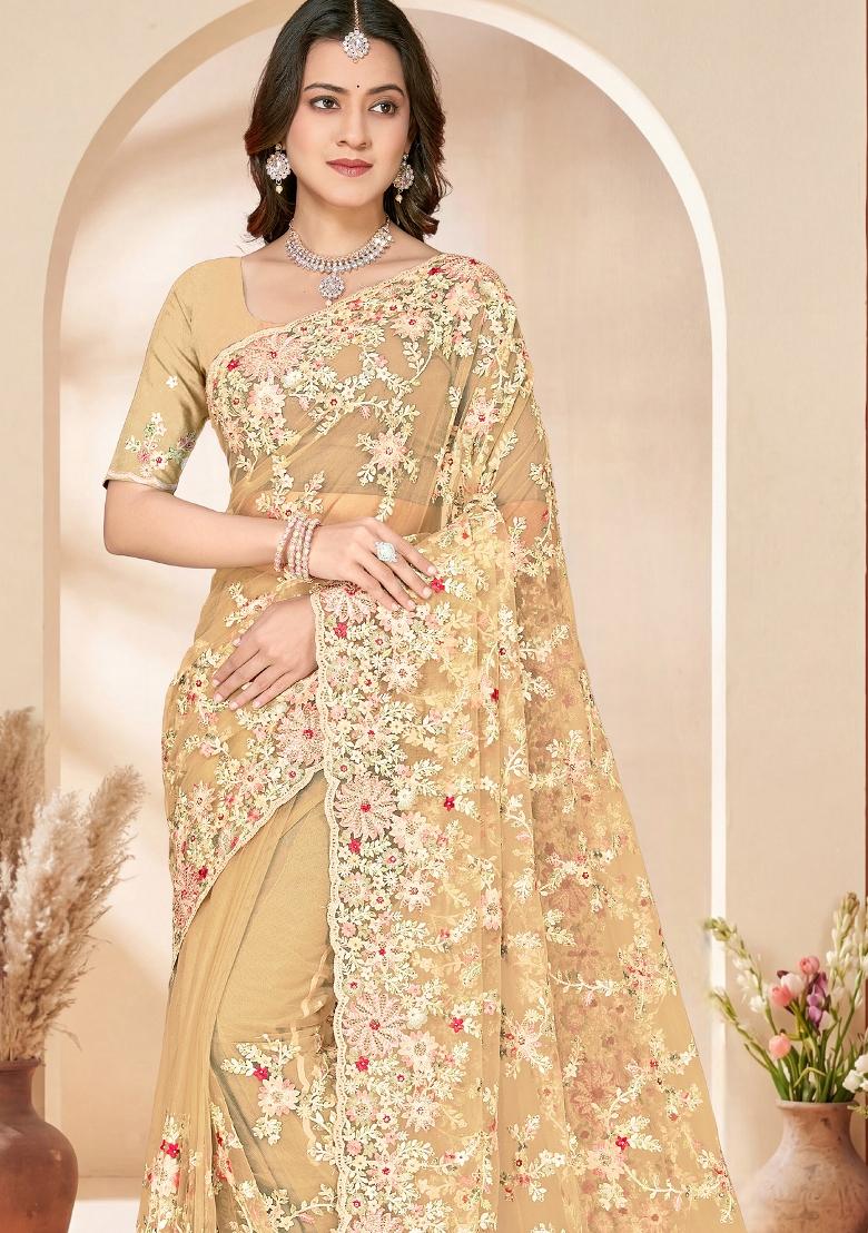 Beige Embroidery Net Saree Set - Indya