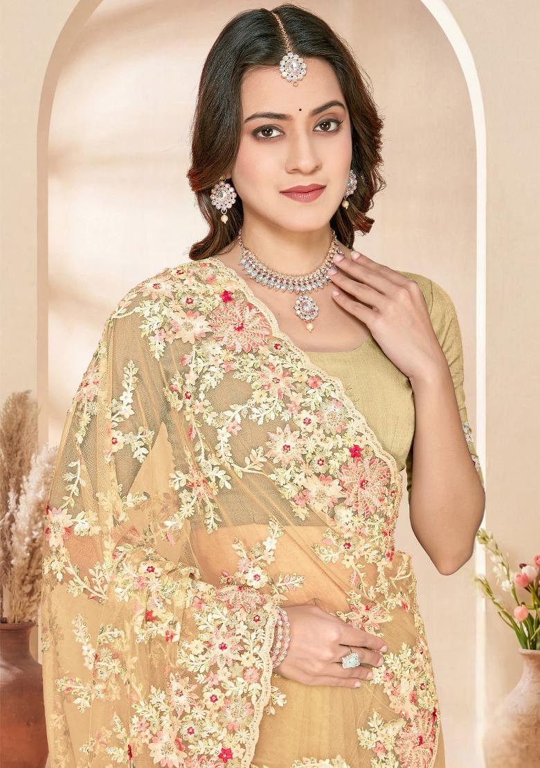 Beige Embroidery Net Saree Set - Indya