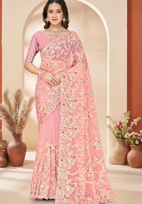 Peach Embroidery Net Saree Set