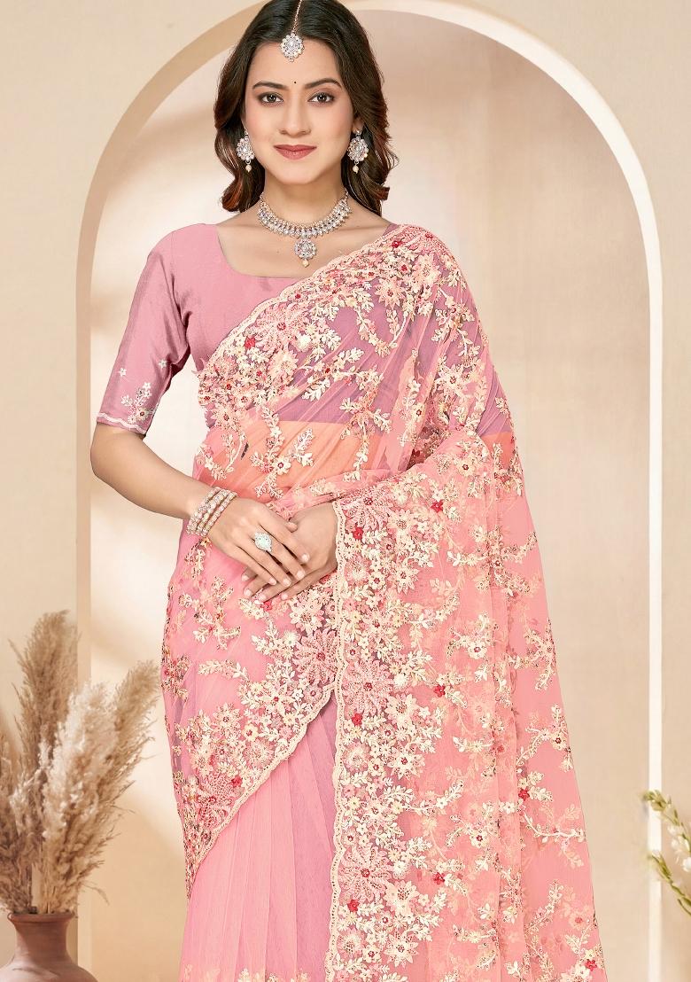 Peach Embroidery Net Saree Set - Indya