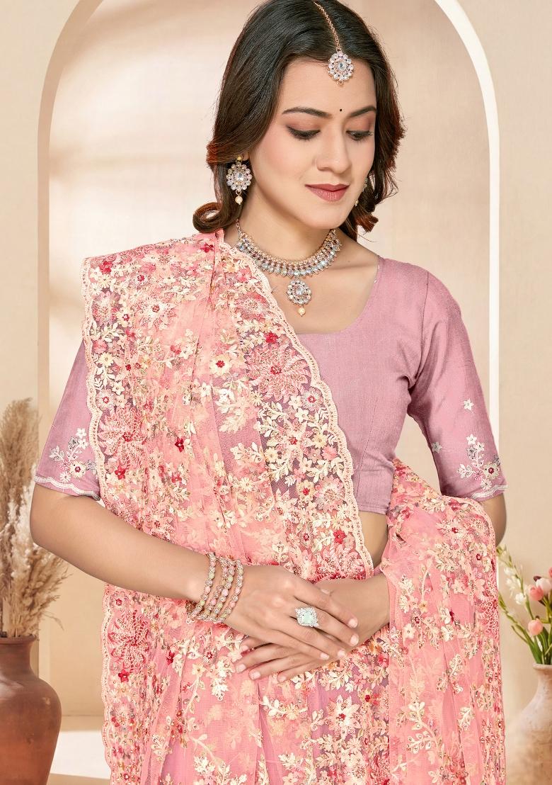 Peach Embroidery Net Saree Set - Indya