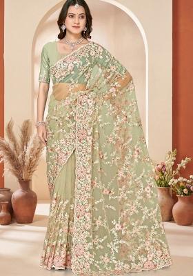 Green Embroidery Net Saree Set