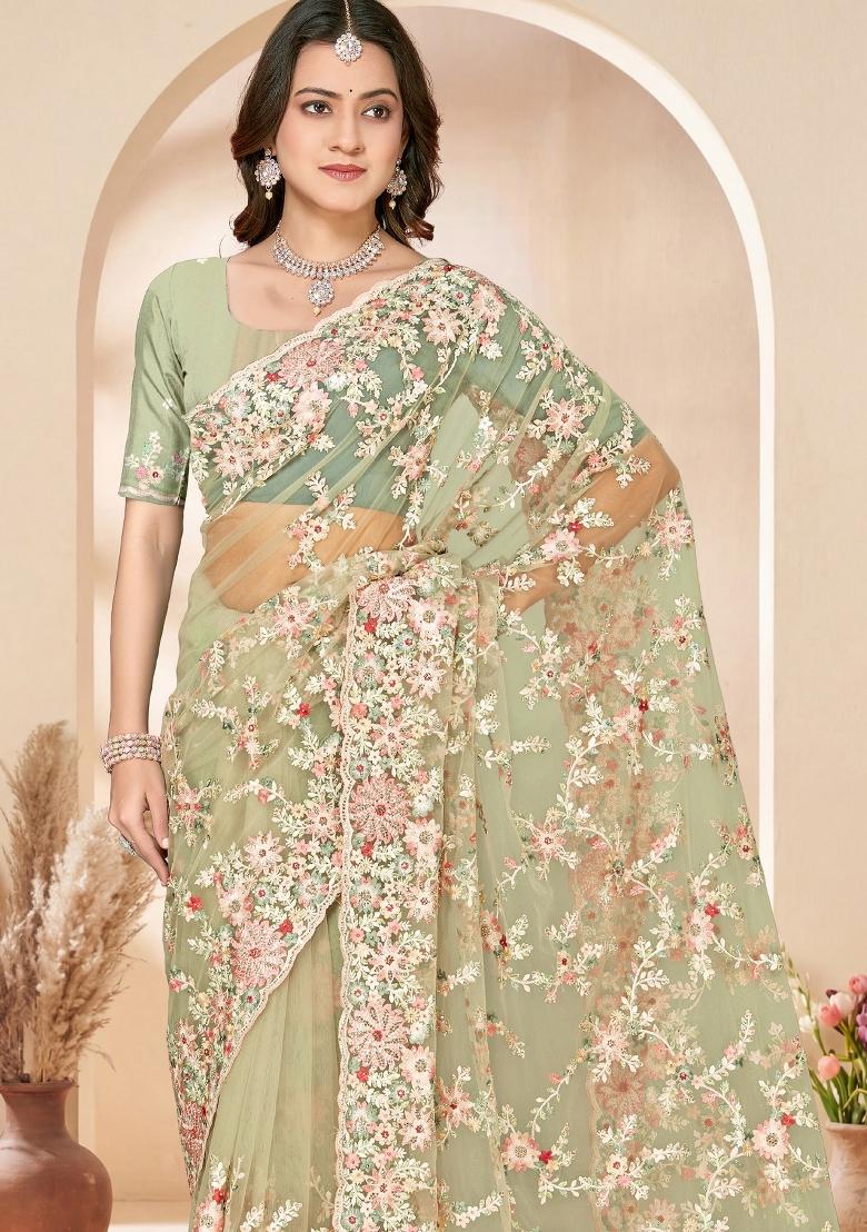 Green Embroidery Net Saree Set - Indya