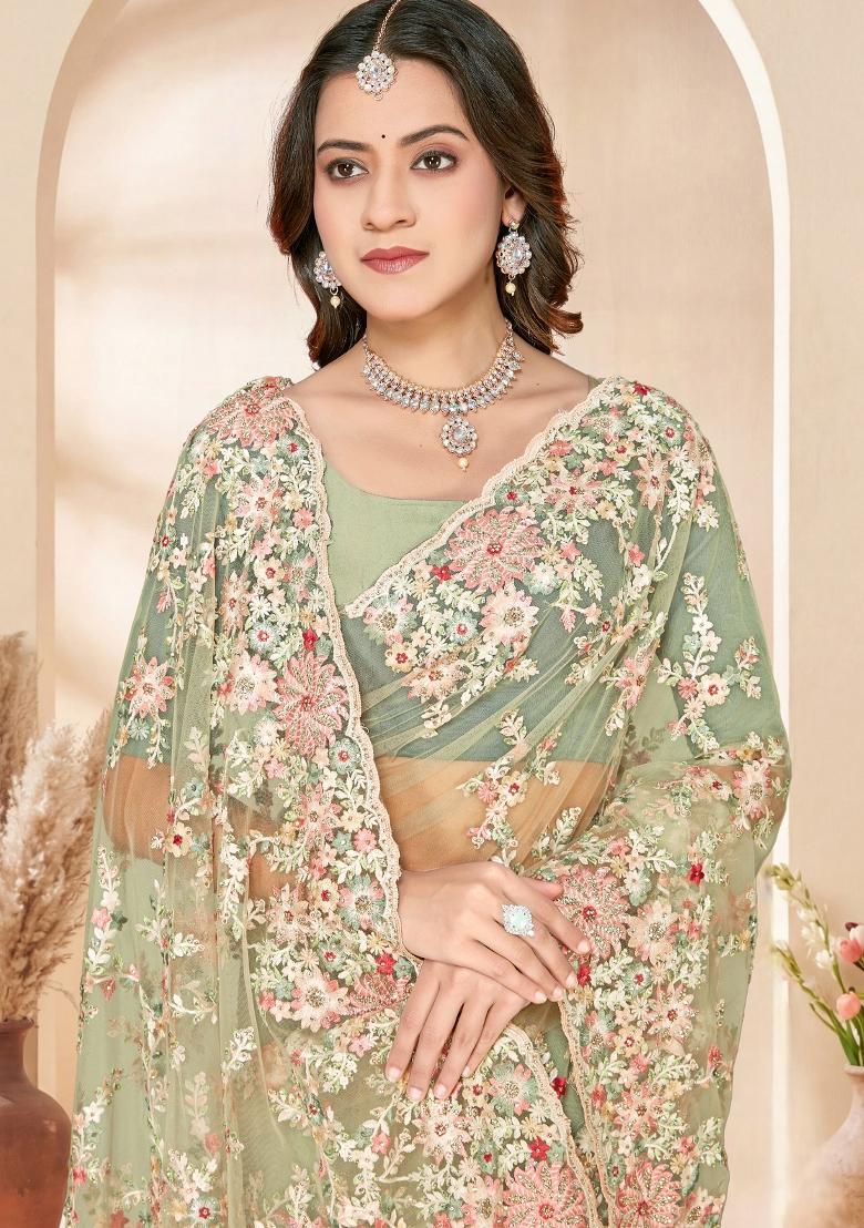 Green Embroidery Net Saree Set - Indya