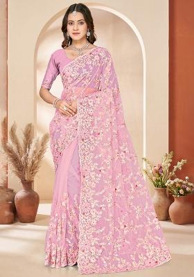 Pink Embroidery Net Saree Set