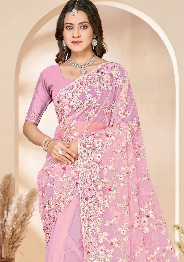 Pink Embroidery Net Saree Set - Indya