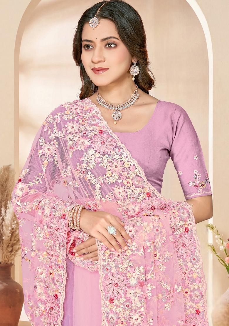 Pink Embroidery Net Saree Set - Indya