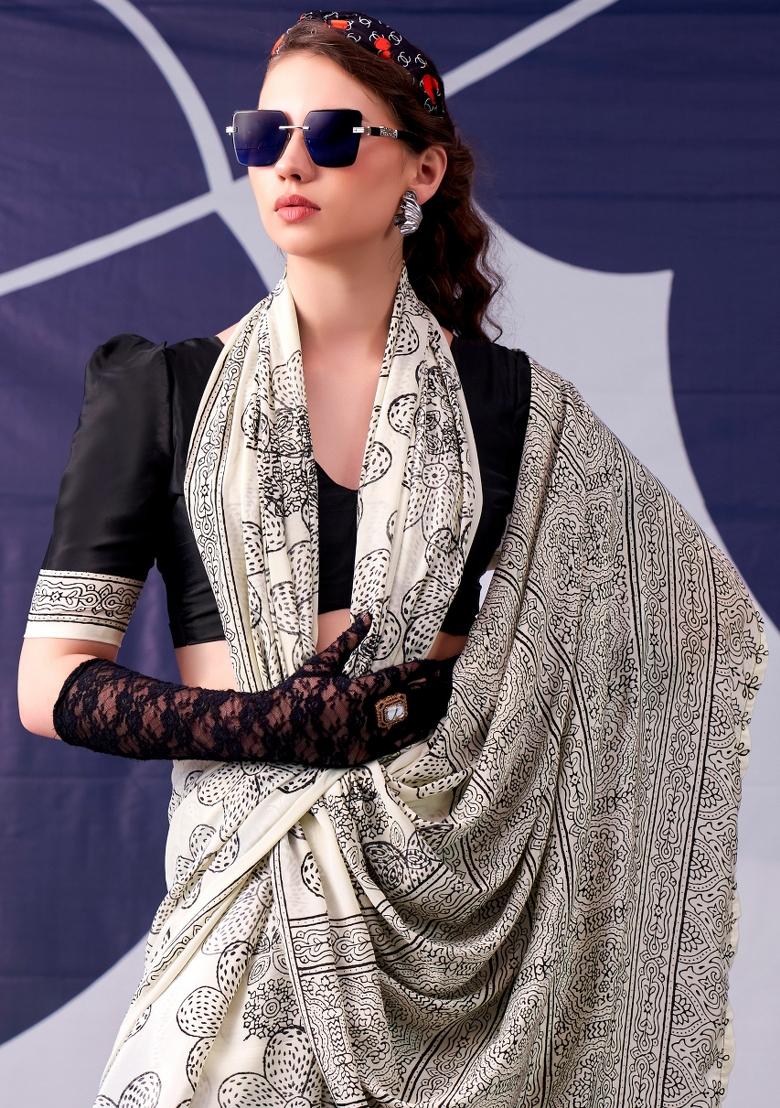 Black Floral Print Silk Saree Set - Indya