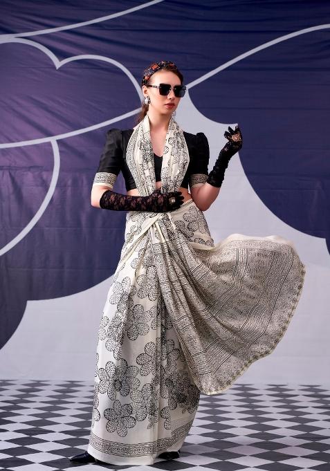 Black Floral Print Silk Saree Set