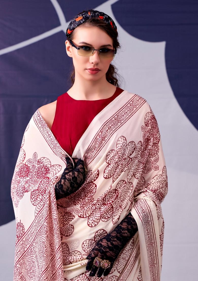 Maroon Floral Print Silk Saree Set - Indya