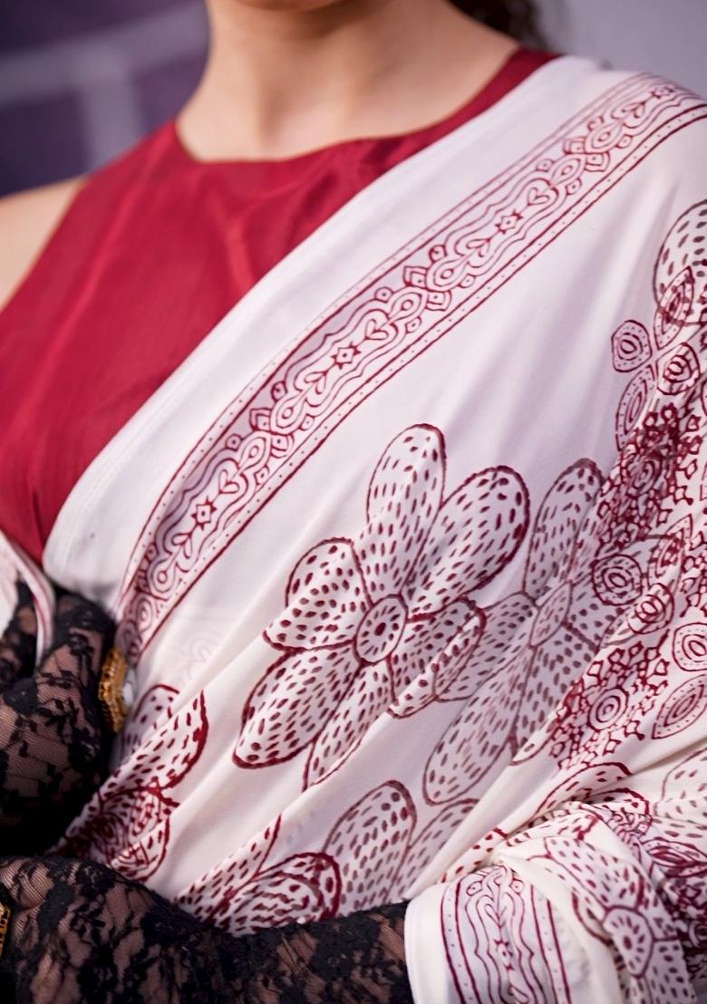 Maroon Floral Print Silk Saree Set - Indya