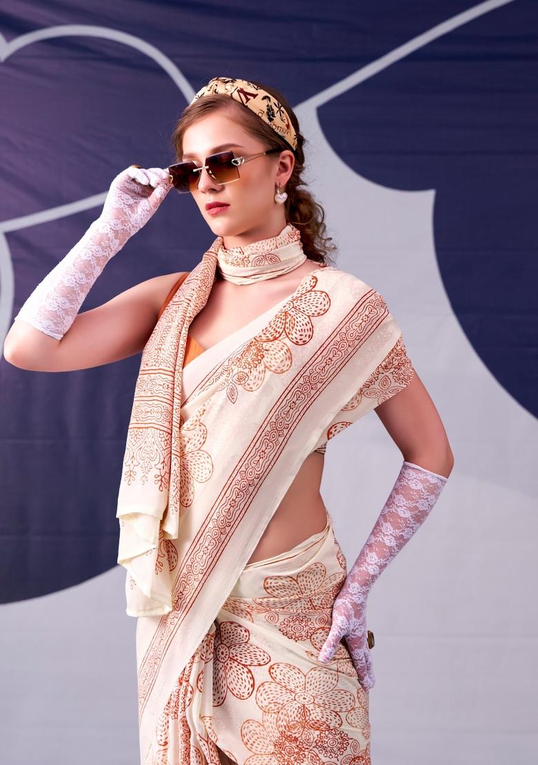 Peach Floral Print Silk Saree Set - Indya