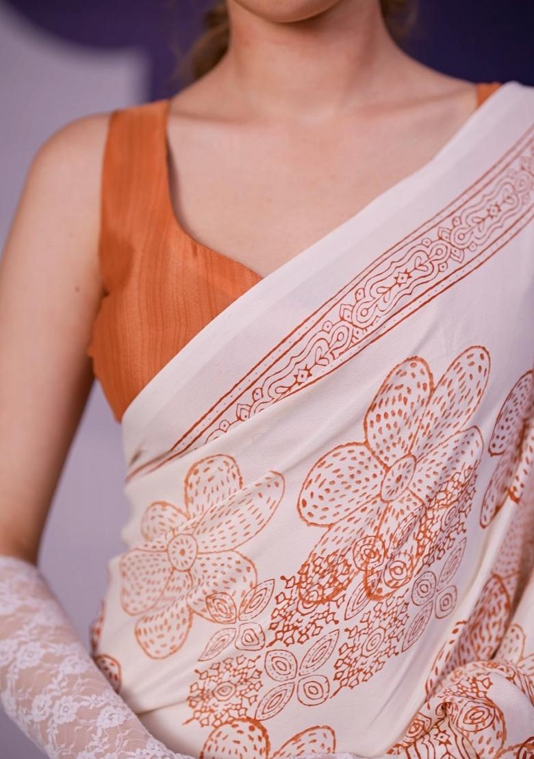 Peach Floral Print Silk Saree Set - Indya