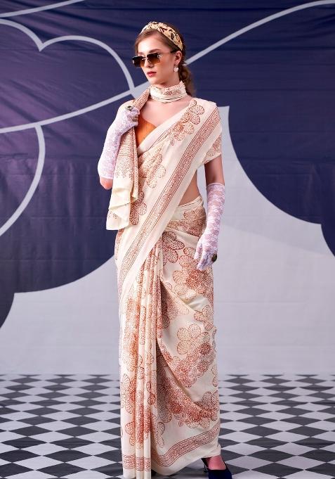 Peach Floral Print Silk Saree Set