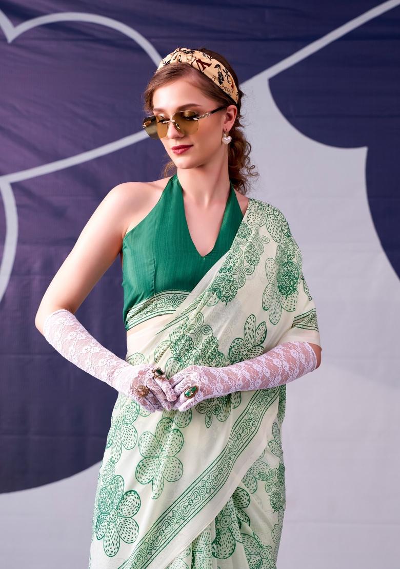 Pista Floral Print Silk Saree Set - Indya